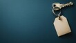 © Yanka - set of keys with blank tag on dark blue surface, ready for labeling and messaging, perfect for rental, leasing or property management concepts, crisp metal rings and flatlay composition