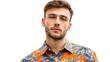 © สุอารี ทองด้วง - Confident Man in Floral Shirt: A striking portrait of a confident man, exuding charisma as he gazes directly into the camera, enhanced by the tropical print on his shirt.