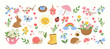 © Olgadesigner - Cute spring summer stickers elements. Hand drawn flowers, rabbit, snail, dragonfly, heart, butterfly, birds, sun, birdhouse. Vector flat illustration.