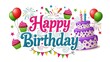 © SAHIDA - Colorful happy birthday sign with cake and balloons isolated on white background