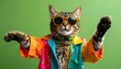 © Matthew - A stylish cat wearing colorful clothing and sunglasses poses against a vivid green backdrop
