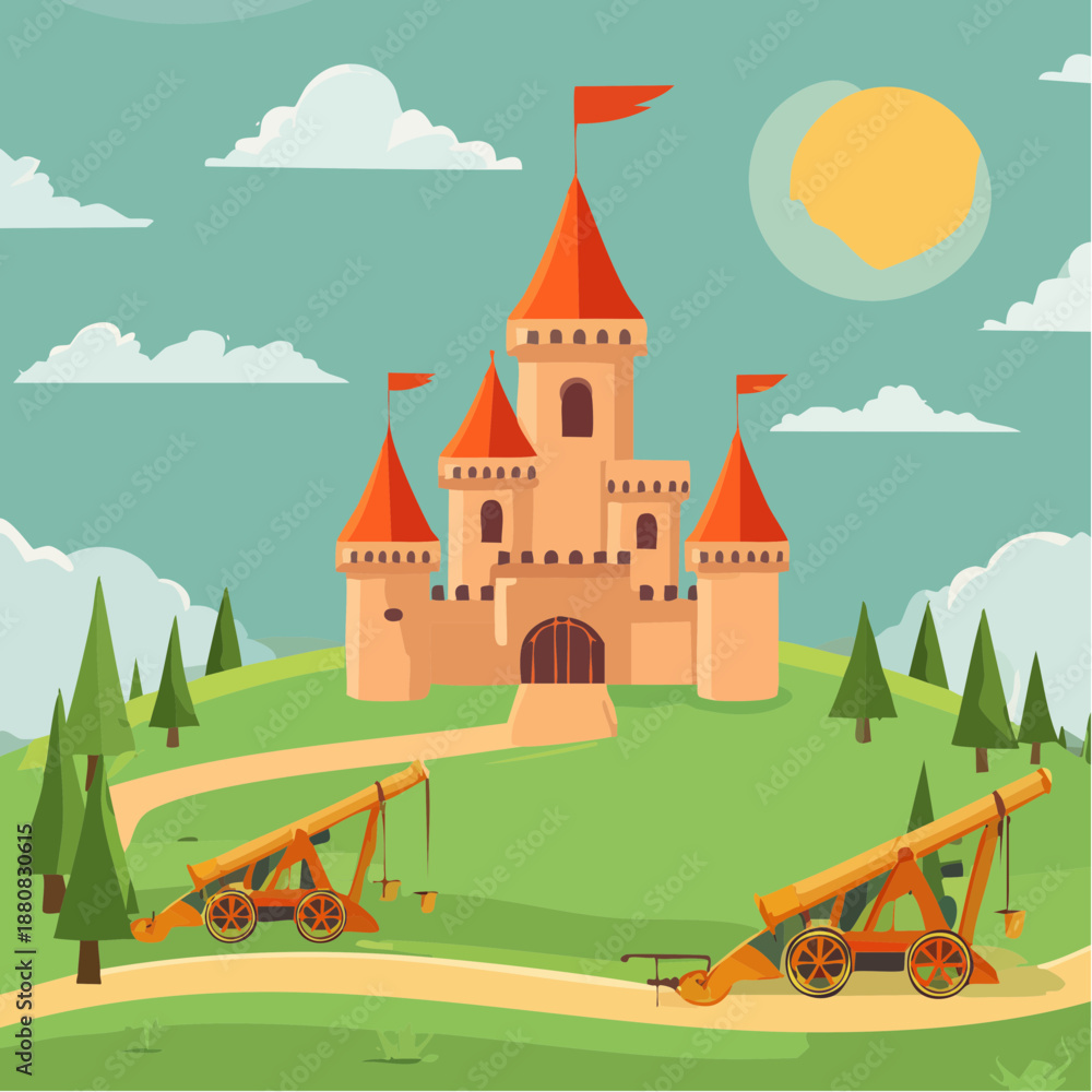 Château médiéval avec engins de siège – illustration historique avec catapulte et trébuchet
