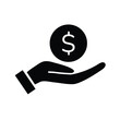 © MdElyeas - Solid vector icon of a hand holding a dollar coin. Concept of payment, financial help, savings, investment, and salary isolated on white background. Money in Hand Icon. Financial Payment and Wealth