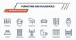 © IconArt - furniture and household icons set - ceremonial, cleaned, lounge chair, drawer chest, baby cot outline vector collection.