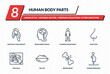 © IconArt - human body parts icons set - long wavy hair variant, brain inside human head, standing human body, e side view, woman pregnant outline vector collection.