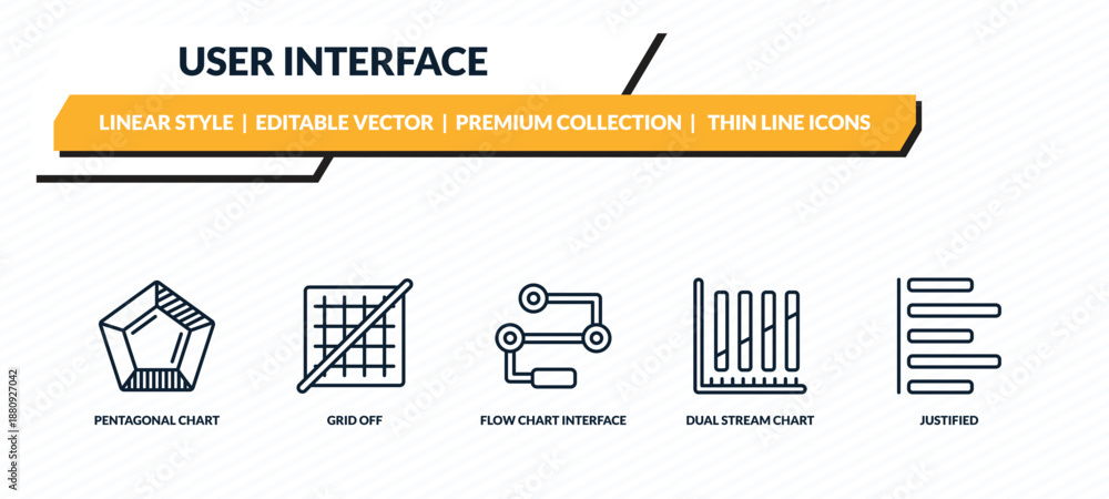 user interface icons set - pentagonal chart, grid off, flow chart ...