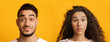 © Prostock-studio - Shocking Offer. Surprised Arab Man And Woman Looking At Camera With Amazement, Middle Eastern Couple With Wide Open Eyes Posing Isolated Over Yellow Background, Emotionally Reacting To News, Panorama