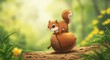 © Tran - 輝く木漏れ日の中 ドングリに乗ったかわいいリスが森で楽しく遊ぶ ファンタジーな動物イラスト. AI Generated
