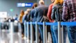 © dmmarychev - People waiting in a long queue line at airport check-in
