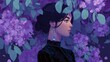 © mila103 - Asian young female amidst vibrant purple blossoms in elegant black attire.