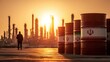 © spyrakot - Iranian Oil Barrels at Refinery Complex in Golden Sunset Silhouette