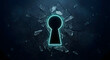 © solom - Futuristic cyber security breach concept with glowing neon keyhole on cracked dark wall with shattered glass pieces representing data theft hacker attack and digital system threat