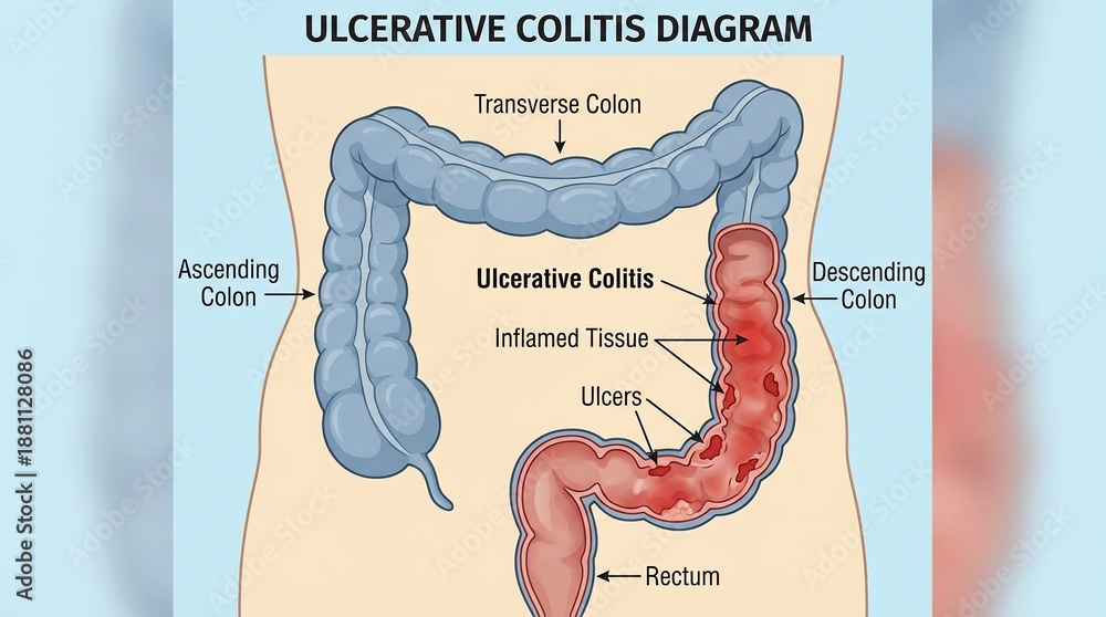 Ulcerative Colitis Digram Medical diagram showing ulcerative colitis in the human colon Stock ...