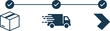© S O H A G - Logistics and delivery process timeline icons showing package box shipping truck and fast arrow for order tracking status.