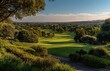 © koosy - Panoramic park Sunrise with Rolling Greens,Ideal for golf resort promotions, luxury lifestyle visuals, travel content, or outdoor recreation campaigns.