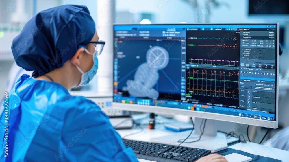 Medical Professional Analyzing Patient Data on Advanced Monitors in a ...