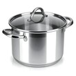 © mister - A shiny stainless-steel stockpot, with a glass lid and metallic handles, is displayed against a white background. It's a culinary essential