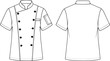 © MdAnoar - Front and back technical sketch of short sleeve double breasted chef coat with asymmetrical closure and sleeve pocket, detailed apparel design template