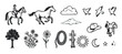 © Mr. Stocker - Hand-drawn western themed icon set featuring a cowboy, horse, saddle, hat, lasso, and nature elements in a rustic black and white stamp-like illustration style with a textured effect