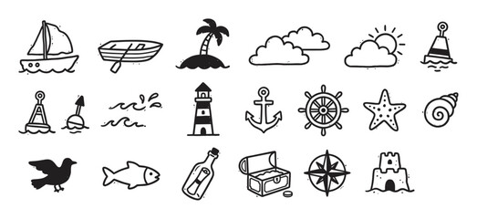 Naklejka na meble Hand-drawn nautical and marine icon set with a sailboat, anchor, lighthouse, and treasure chest in a simple black and white doodle style for summer vacation themes