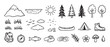 © Mr. Stocker - Hand-drawn camping and nature icons set featuring a mountain, tent, canoe, backpack, and compass in a simple black and white doodle style for outdoor adventure themes