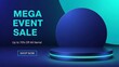 © Design Everytime - Mega event sale banner with up to 70% off all items presented on a futuristic glowing podium