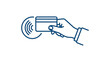 © Wajid - A hand holding a credit card for contactless payment with wireless waves.