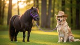 Black pony and golden retriever dog wear cowboy hat in a sunny park at golden hour.