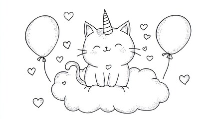  Cute cartoon cat unicorn on a cloud with balloons.  Possible use children's book, coloring page, greeting card