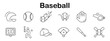 © Кирилл Макаров - Baseball set icon. Line style elements depicting helmet, glove, ball, bat, scoreboard, field, whistle, player, and cap representing baseball gameplay and gear