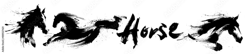 Chinese new year of the horse zodiac brush painting with dynamic ink strokes on white background