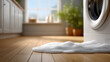 © Tetyana - Washing machine leaking soap suds and bubbles across the wooden floor in a home laundry room, causing potential water damage and appliance failure, copy space