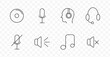 © Anastasia - Audio set icon. CD, microphone, head with headset, support headset, muted mic, speaker with waves, music note, muted speaker, all in minimal sound-themed outlines.