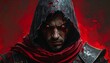 © Noor - Mysterious hooded warrior with glowing red eyes in dark fantasy setting.