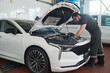 © pressmaster - Caucasian middle aged man repairing engine under open hood of modern car in auto repair shop, standing and focusing on mechanical work, visible tools and vehicle interior