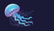 © AbdulRehman - Bioluminescent jellyfish drifting in dark ocean space, glowing neon blue and violet tentacles, flat vector illustration with soft gradients, dreamy marine fantasy mood art style.