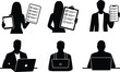 © Shammi's World - Business professionals silhouettes holding clipboard checklist tablet and laptop, survey feedback teamwork remote work recruitment data analysis concept illustration, flat vector icon set isolated