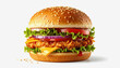 © PHAISITSAWAN - Loaded Fried Chicken Burger with Red Onion, Tomato, Cheese, Lettuce, and Sauce on a Sesame Seed Bun, Isolated