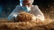 © Pinklife - A focused scientist in a lab coat examines a handful of grains, surrounded by a cascade of grains, symbolizing research and innovation in food science.