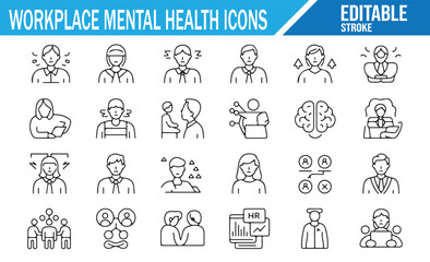  Corporate employee well-being and stress management icons.