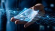 © designhunt - Virtual holographic credit card held in a human hand. Digital payment systems and fintech innovation. Person using a transparent glowing bank card for online shopping