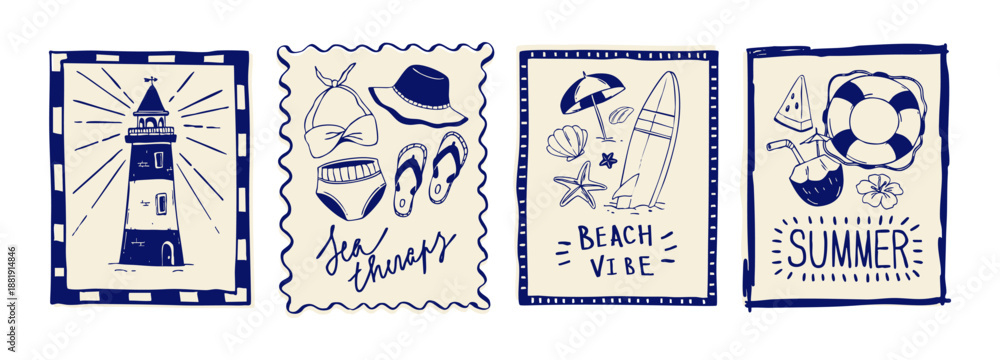 Sketch vintage beach sea vacation posters with summer doodles. Hand drawn postcards with lighthouse and surfboard, life ring and tropical elements in retro line frames with text and coastal icons.