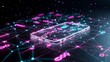 © designhunt - Holographic smartphone and digital communication network. Mobile app development and connectivity. Transparent phone glowing with data points and purple network lines