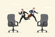 © Alina - Business people jump on office chair metaphor of job rotation. Male employee switch position for new skill and experience, moving to new responsibility within organization.