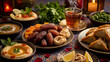 © Kristelinmind - Delicious Arabic iftar meal with dates, tea, and other food dishes. Traditional Ramadan breaking fast dinner for celebration.