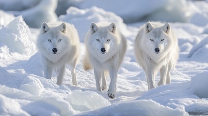  Three white wolves on snow and ice