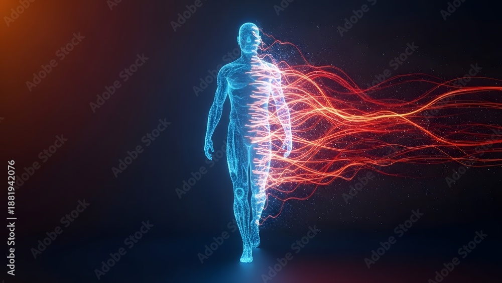 Human silhouette with digital data streams and energy trails ...