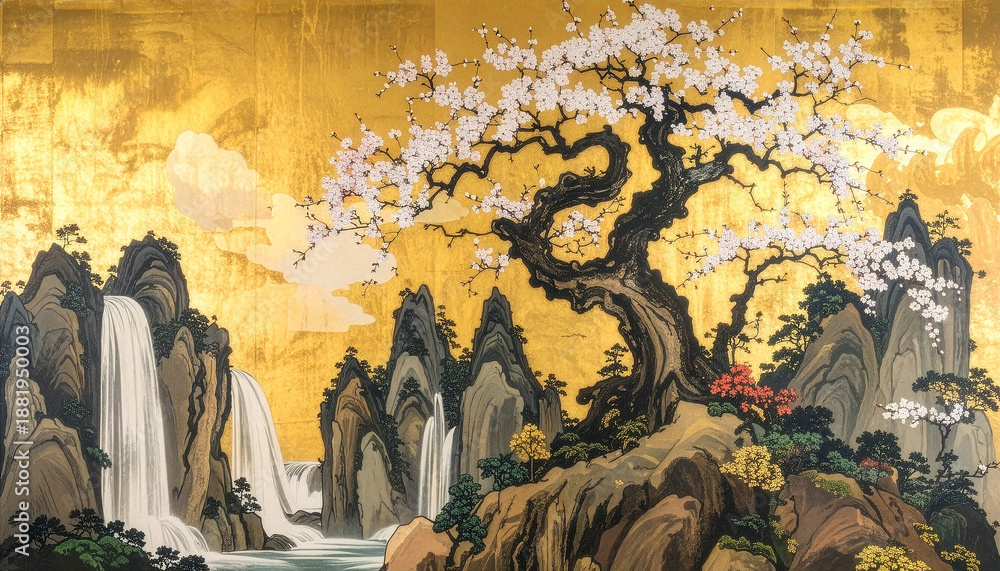 桜 Sakura 034 Grand Japanese Landscape with Waterfall and Cherry