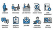 © Sara - Job interview process icons set with candidate, interviewer, resume review, skills assessment, behavioral questions, interview preparation, feedback, job offer, and virtual interview symbols
