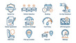 © Maya - Car rental service icons set with vehicle selection, booking process, car key handover, insurance coverage, fuel policy, GPS navigation, mileage, child seat, pick-up and drop-off locations